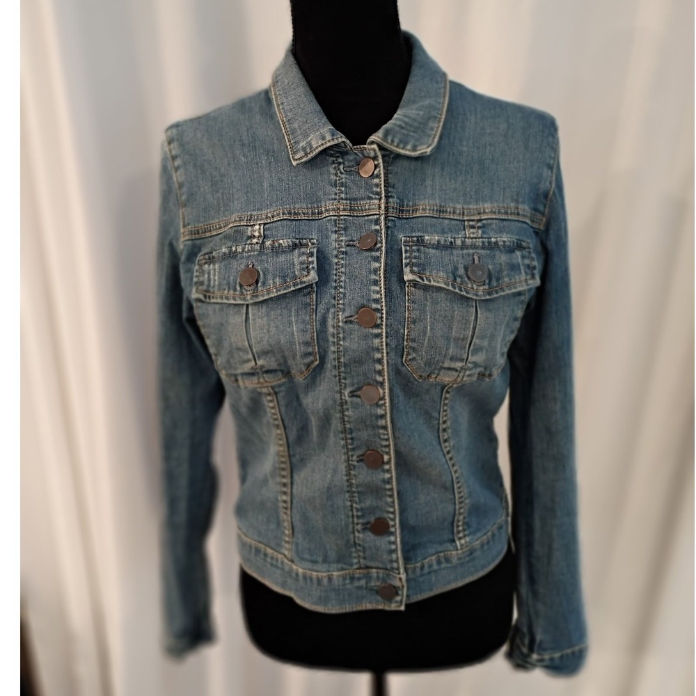 Kut from the Kloth Womens Denim Jacket Medium Wash Blue Button Front Size‎ L
